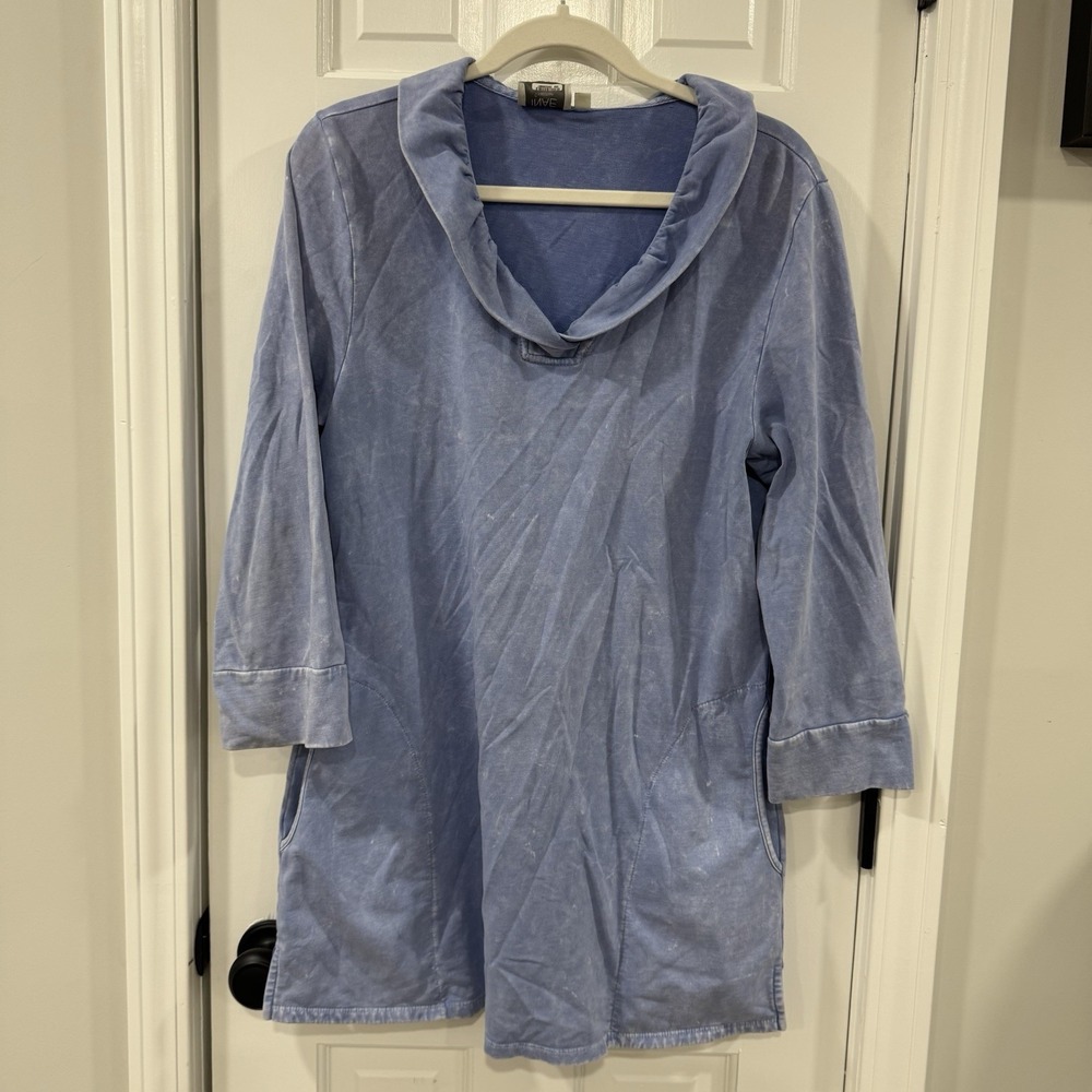 INAE Collection Blue French Terry Tunic Top Womens M Cowl Neck Pockets USA